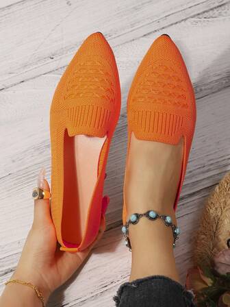 Women's Pointed Toe Slip-On Knitted Striped Flat Shoes, Solid Color Bohemian Chic Casual Sexy Outdoor Cute Ribbed Flat Loafers For Women, Suitable For Holiday, Party, Home, Office, Outdoor, All Seasons