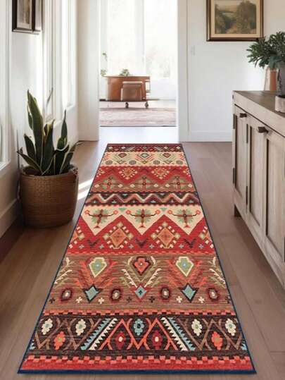 1件几何拼接地毯，复古撞色长条地毯，适用于走廊、过道，复古家居装饰长地毯，复古艺术走廊地毯，家居装饰长地毯，欧式走廊装饰垫，家居装饰地毯，装饰长走廊地毯，宽敞走廊入口过渡垫，家居装饰垫，适用于入口、楼梯间和其他过渡空间