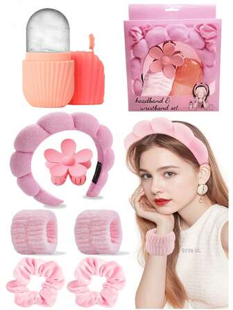 7 delar set med ansiktsvårdsmassageverktyg / isrulle och ansiktstvätthuvudband, sminkhuvudband, ansiktstvätthuvudband, hudvårdshuvudband, fluffigt svamphuvudband, rosett, bubbla, spa-huvudband, armband, håraccessoarset för kvinnor och flickor