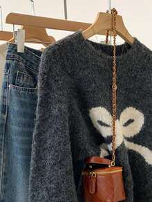 Bow Knit Sweater, Women's Ribbed Crew Neck Slim Fit Pullover Sweater, Cute & Youthful, Suitable For Spring - Dark Grey - View 2