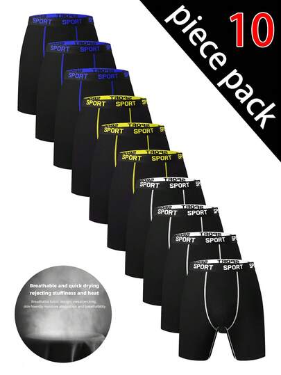 10pcs Men's Comfortable Slim Shaping Underwear - Breathable, Elastic, Quick Drying, Elastic Waistband, Suitable For Spring Sports, Sports, And Casual Wear - Long Boxer Underwear - Soft, Lightweight, And Moisture Absorbing., Workout