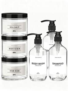 6 Bottles 500ml Thick Brown Shampoo, Body Wash, Conditioner Refill Set + Sea Salt, Body Scrub, Hair Mask Individual Packaging - Clear - View 1