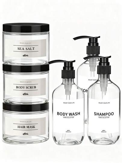 6 Bottles 500ml Thick Brown Shampoo, Body Wash, Conditioner Refill Set + Sea Salt, Body Scrub, Hair Mask Individual Packaging