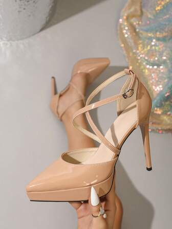 Dam Aprikosfärgade Eleganta Vattentäta Platåskor Spetsig Tå Korsband Festliga Högtider Mångsidiga Pumps