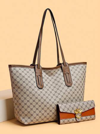 2pcs/Set Large Capacity Tote Bag & Wallet, Fashionable Shoulder Bag For Middle-Aged Women, Autumn/Winter