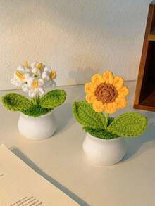 1/3支仿真向日葵，手工向日葵盆栽，钩编仿真向日葵盆栽，仿真永生向日葵盆栽，编织花束装饰，适用于家居、客厅、餐厅、卧室、办公桌、餐桌，适合秋季和开学季 - 彩色 - 查看 6