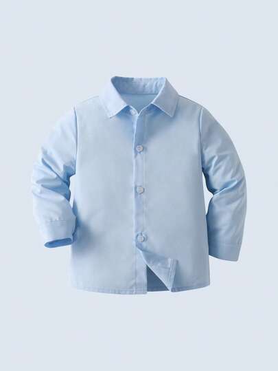 Jasnoniebieska koszula dla chłopców z długim rękawem i kołnierzykiem zapinanym z przodu na guziki, uniwersalna do noszenia na co dzień w szkole i na święta