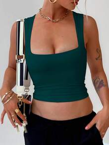 Women's Solid Color Double-Layer Pleated Square Neck Camisole, Spring/Summer - Dark Green - View 6