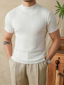 Men's Old Money Style Mock Neck Short Sleeve Cream Ribbed Knit Slim Fit Versatile Daily Wear Knit Top - White - View 1