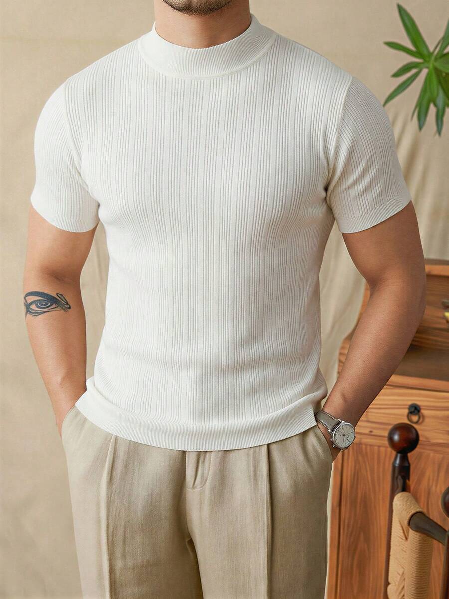 Men's Old Money Style Mock Neck Short Sleeve Cream Ribbed Knit Slim Fit Versatile Daily Wear Knit Top - White - View 1
