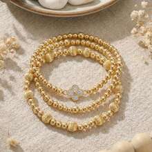 3pcs/Set Fashion Casual Copper Bead Bracelet, Clover Bracelet, Random Bead Sequence, Elastic Bracelet, Copper Bead Elastic Bracelet, Stackable Elastic Bracelet, 18K Gold Plated Copper Bead Bracelet, Waterproof And Fade-Resistant, Suitable For Sisters, Couples, Friends, Birthday, Christmas, Anniversary Gifts - Multicolor - View 4