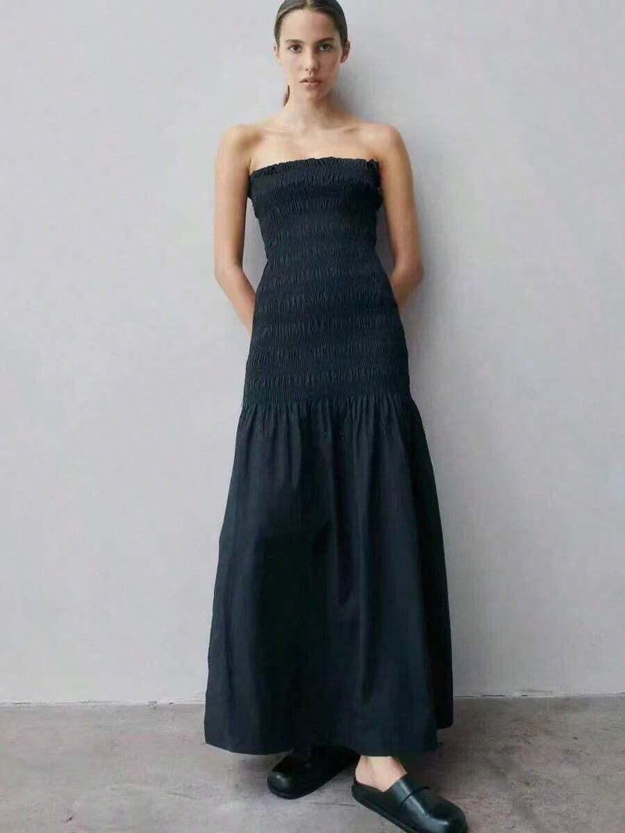 欧美时尚无肩带沙滩长裙，修身优雅度假风雪纺连衣裙，黑色夏季优雅款 - 黑色 - 查看 1