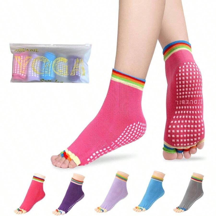 Women's Toe Separator Yoga Socks 5 - Pack - Non - Slip Grips, Barefoot Pilates Socks With Open Toes, Breathable Cotton Barre, Dance, Studio - Fits US 5.5 - 9.5+ Storage Bag - 最初的 - 查看 1