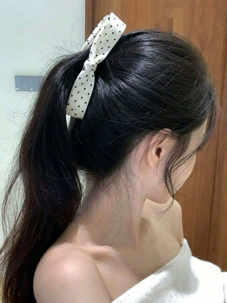 Sweet Black And White Polka Dot Bow Banana Clip, Polka Dot Bow Hair Clips, Handmade Bow Hair Barrettes Clips French Spotted Bowknot Slides Hair Barrettes Accessories, Hair Claws - 彩色 - 查看 1