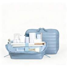 Vertical Waterproof Makeup & Toiletry Bag | 23-Pocket Organizer With Upright, Fold-Down Design For Skincare, Toiletries & Essentials Large Capacity Partitioned Geometric Quilted Makeup Bag Portable Travel Skincare Cosmetic Organizer Travel Toiletry BagTraveler Makeup Organizer Accessories Bag, Toiletry Bag For Women, Zippered Travel Cosmetic Beauty Case, Gift For Best Friend - 條紋藍 - 查看 2