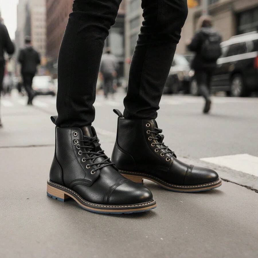 Men's Retro Work Boots, Round Toe Thick Sole Casual Boots, Dual-Color Upper With Rubber Contrasting Sole, Outdoor/Commute Ankle Boots - Black - View 1