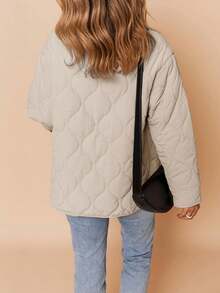 女式绗缝纽扣轻便夹克，带口袋，加厚外套，适合秋冬季 - 杏色 - 查看 2