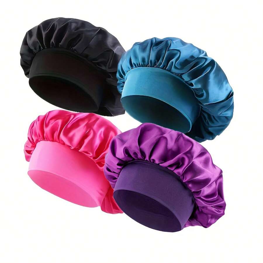 4pcs Soft Satin Knit Beanie Caps - Elastic Wide Band For Night Sleep, Hair Protection | Lightweight, Breathable, One Size Fits All - Đen + Hồng đỏ + Xanh lam + Tím - Xem 1