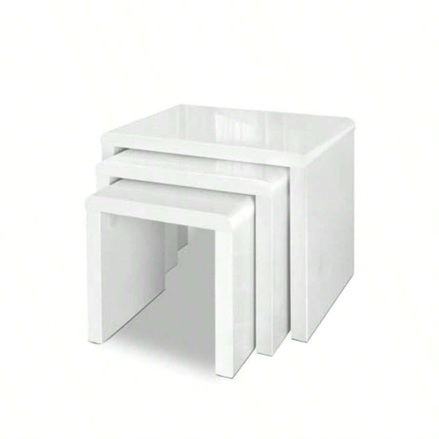 Coffee Table Set Of 3 Bedside Bed Side Sofa Nesting Tables Laptop Desk High Gloss Wooden Home Furniture Living Room Bedroom Office White Rectangular Modern Sturdy Stackable Space Saving - White - View 1