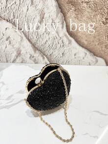 1件女士时尚闪亮心形水晶手提包，新娘手拿包，晚宴包，适合婚礼、宴会等正式场合，可作为女士礼物 - 黑色 - 查看 4