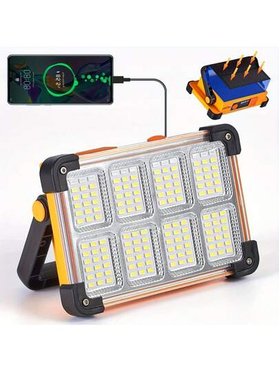 144 ضوء كشاف LED قابل للتعديل 180 درجة، قابل للشحن بالطاقة الشمسية والمنفذ USB، ملحق إضاءة للرياضات والتخييم والمغامرات الخارجية، كشاف LED محمول قابل للشحن بالطاقة الشمسية والمنفذ USB، مقاوم للماء IP44 ب- 4 أوضاع إضاءة للداخل والخارج، مناسب لإضاءة البقعة في الحديقة الخارجية