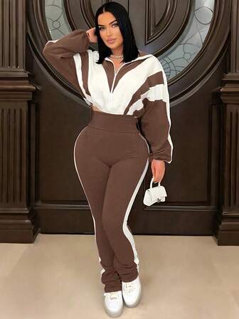 Set de 2 piezas de chaqueta y pantalones de talla grande para mujer con bloqueo de color, parches y cordón en la cintura, de estilo deportivo y casual