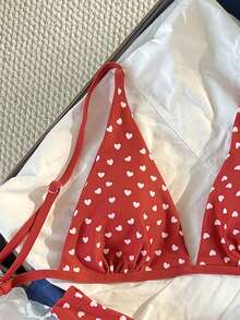 Bộ bikini nữ mới, kiểu dáng thường ngày, dễ thương, in hình trái tim màu đỏ, gồm áo và quần tam giác, thích hợp cho kỳ nghỉ biển. - Đỏ - Xem 7
