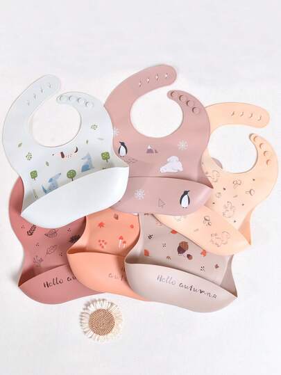 2pcs/1pc Baby Silicone Bibs - Leak-Proof, Anti-Stain, Soft, Adjustable, Boil-, Portable, Squirrel, Hedgehog, Puppy, Acorn Patterns Available, Suitable For Baby Daily Use & Outings