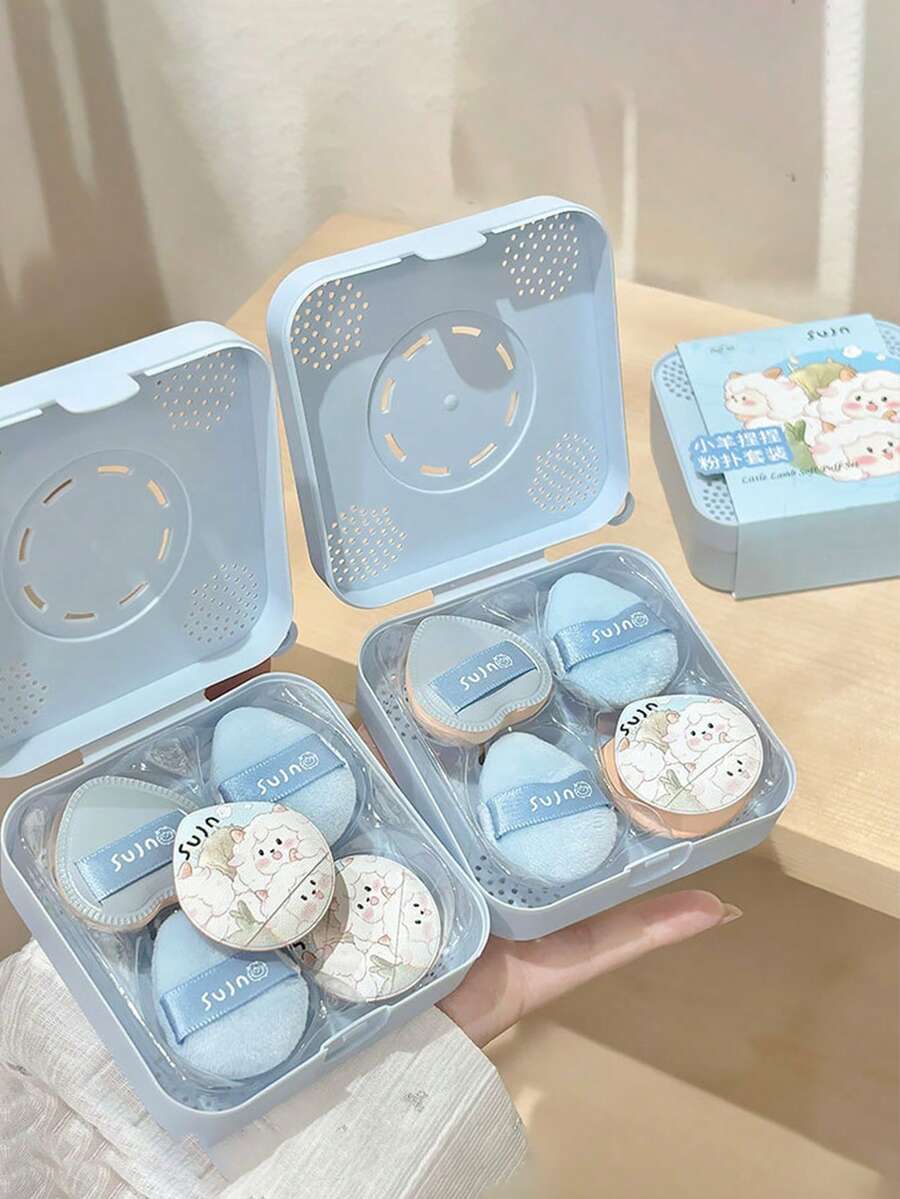 5个/套 天蓝色迷你化妆海绵 - 盒装可爱卡通绵羊图案，便携迷你拇指化妆海绵套装，柔软亲肤，轻柔粉底妆效 - 适用于液体和膏状粉底、腮红，打造光滑底妆，遮瑕提亮，植绒气垫粉扑