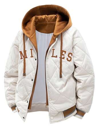 男士秋冬加厚休闲连帽外套，饰有“SMILES”刺绣图案，抽绳设计，二合一