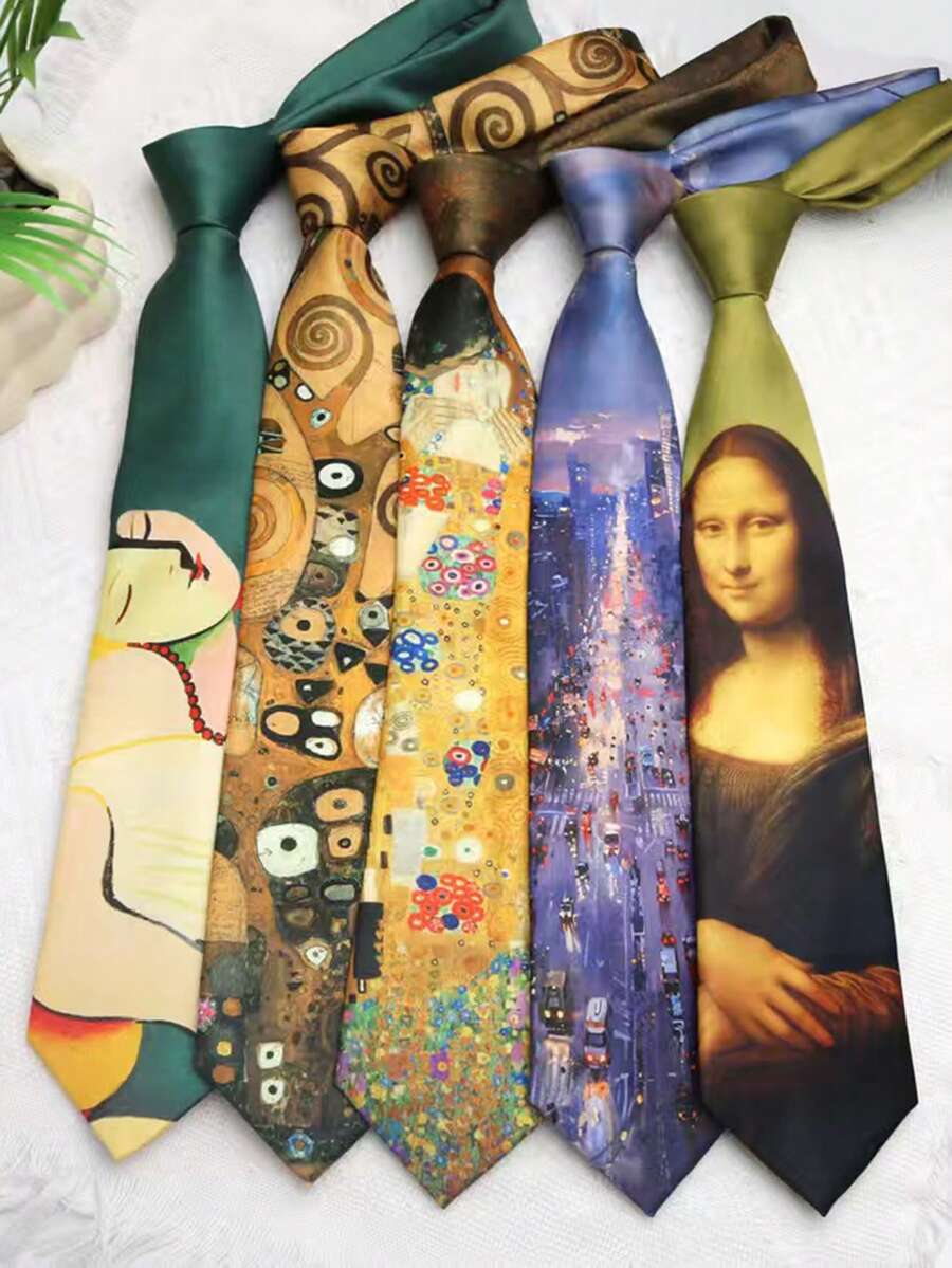 1 pieza Corbata unisex versátil con estampado de pintura al óleo de moda, adecuada para uso casual, personalizado, estilo callejero, uso diario - Multicolor - Ver 1