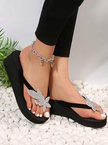 Neue Sommer süße Kristall Plateau-Sohle Zehentrenner, modisch für Frauen zum Einkaufen, Treffen mit Freunden, bequeme Plateau-Zehentrenner-Sandalen, Strandurlaubs-Outfit - Schwarz - Übersicht 7