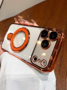 奢华电镀透明磁吸指环无线充电手机壳，带挂绳，兼容 17 Pro Max、17 Pro、17、16 Pro Max、16 Pro、16、15 Pro Max、15 Pro、14 Pro Max、14 Pro、14、13 Pro Max、13 Pro、13、12 Pro Max、11，带腕带保护套 - 橘色 - 查看 6