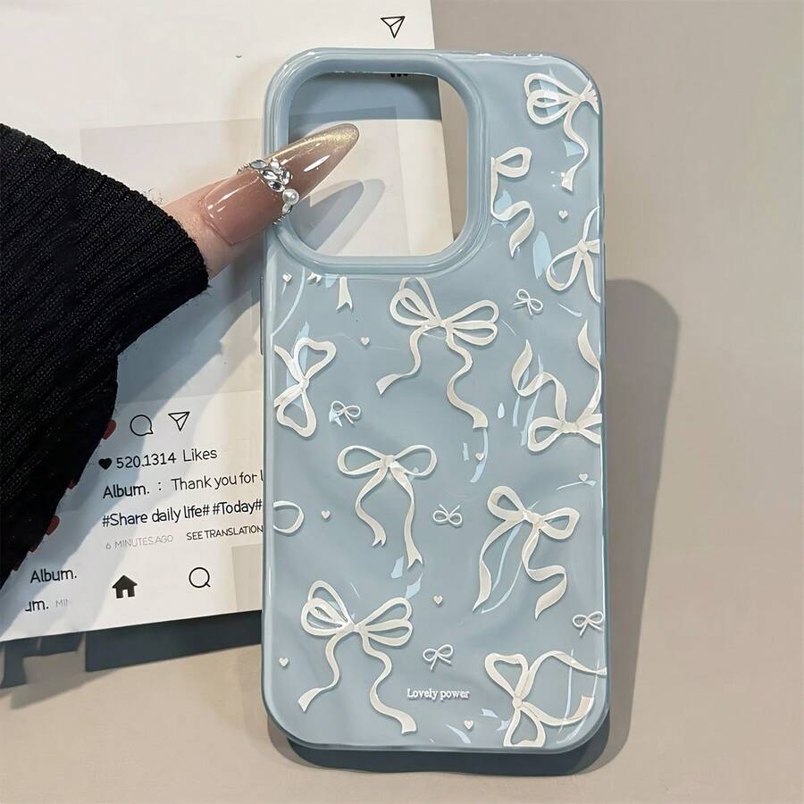 White Bow High-Grade Irregular Fold Meteorite Pattern Mobile Phone Case For IPhone 17 Air/16/15/14/13/12 Pro Max/14 15 16 17 Plus/17 16 15 14 11 12 13 Pro Large Hole Macaron Color Girly Non-Slip Soft Shell Anti-Fall Protective Cover - 藍色 - 查看 1