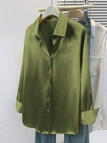 Áo sơ mi satin nữ, kiểu dáng công sở thanh lịch, cài cúc, cổ bẻ, thích hợp cho cả đi làm và đi chơi, phù hợp cho mùa thu, đông, xuân và hè. - xanh quân đội - Xem 5