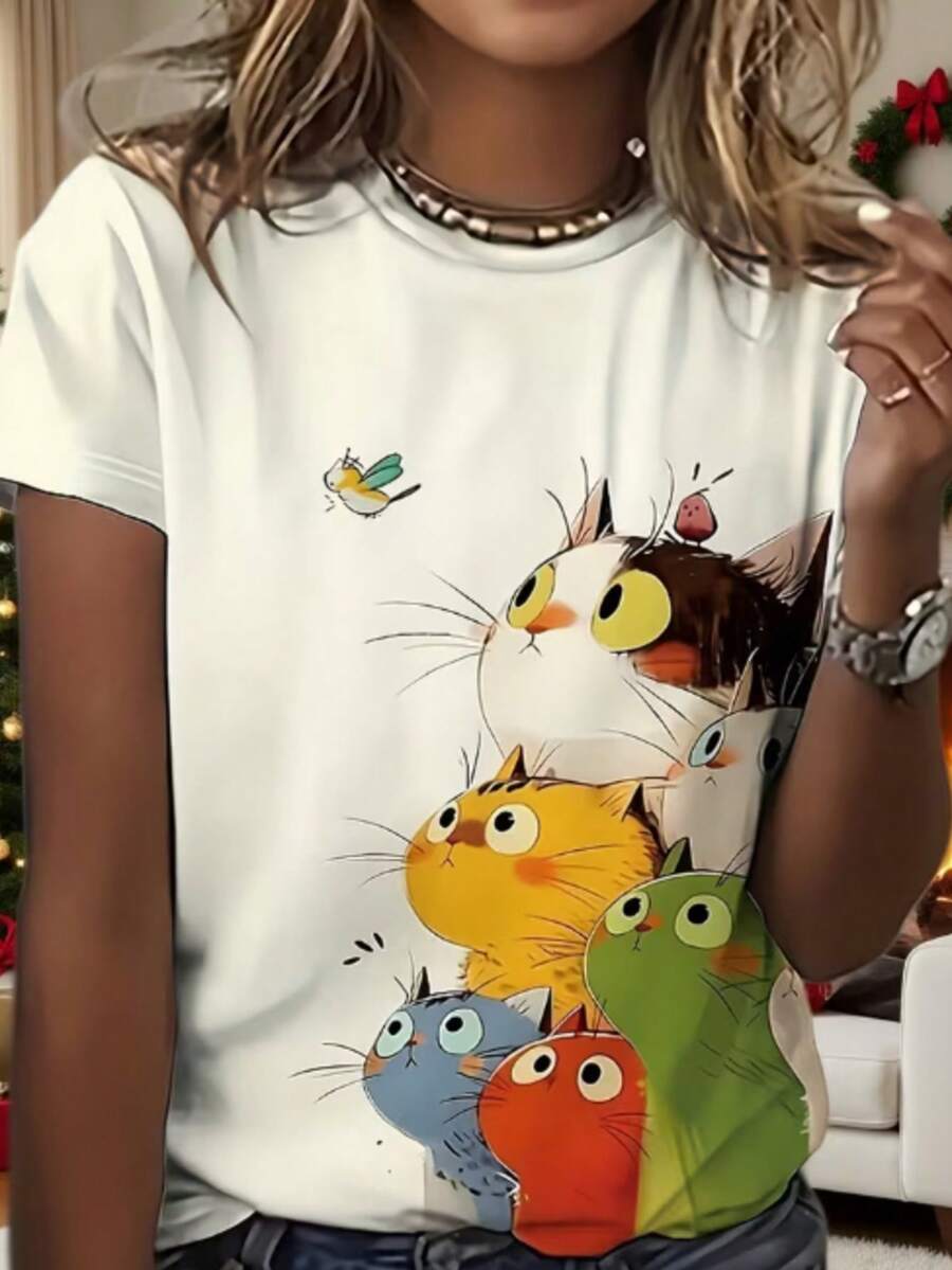 Women's Round Neck T-Shirt With Cute Cat Print, Fashionable Women's T-Shirt With Cute Cat Print, Casual Short-Sleeve T-Shirt, Women's Blouse On , Comfort For All Seasons - 白色 - 查看 1