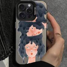 Funda de teléfono con caras expresivas superpuestas triples, cabello rizado oscuro, emociones variadas, mejillas rojas, patrón de boceto minimalista en fondo negro, funda de teléfono para 17 16 15 14 13 12 11 Plus Pro X XR, nueva, moderna y creativa, cobertura completa, Drop17 17promax - Negro - Ver 3
