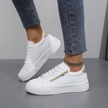 新款拉链百搭经典白色运动鞋，休闲运动鞋，滑板鞋，学生鞋，适合春秋季穿着 - 白色 - 查看 5