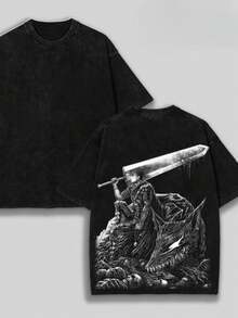 Men's Washed T-Shirt - Anime Y2K Print, INS American Retro Style, Unique,  And Loose Fit Sword Warrior Dragon Dark Fantasy Graphic Tee 100 Percent Cotton Graphic Tees - màu đen - Xem 1