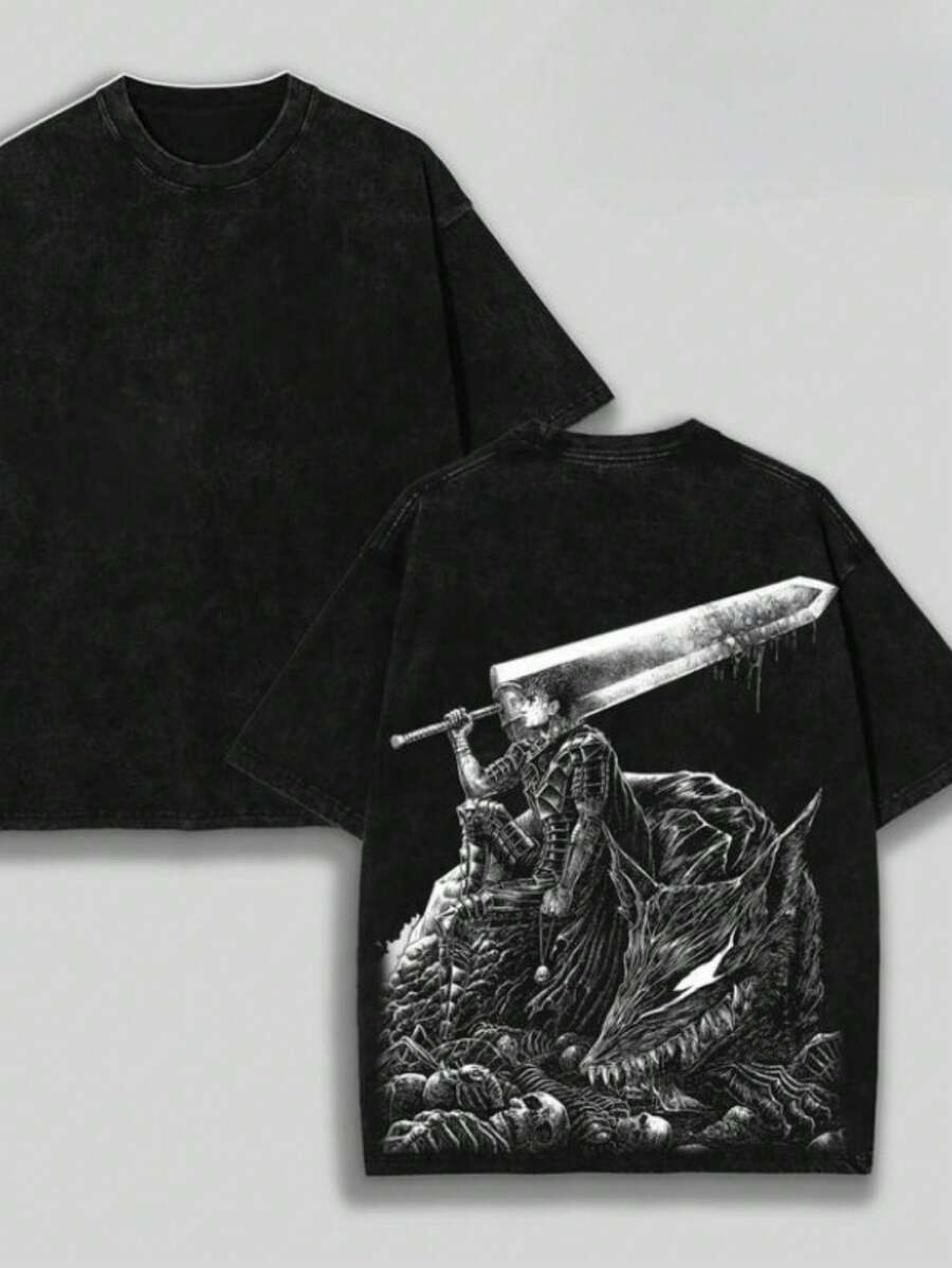 Men's Washed T-Shirt - Anime Y2K Print, INS American Retro Style, Unique, And Loose Fit Sword Warrior Dragon Dark Fantasy Graphic Tee 100 Percent Cotton Graphic Tees - màu đen - Xem 1