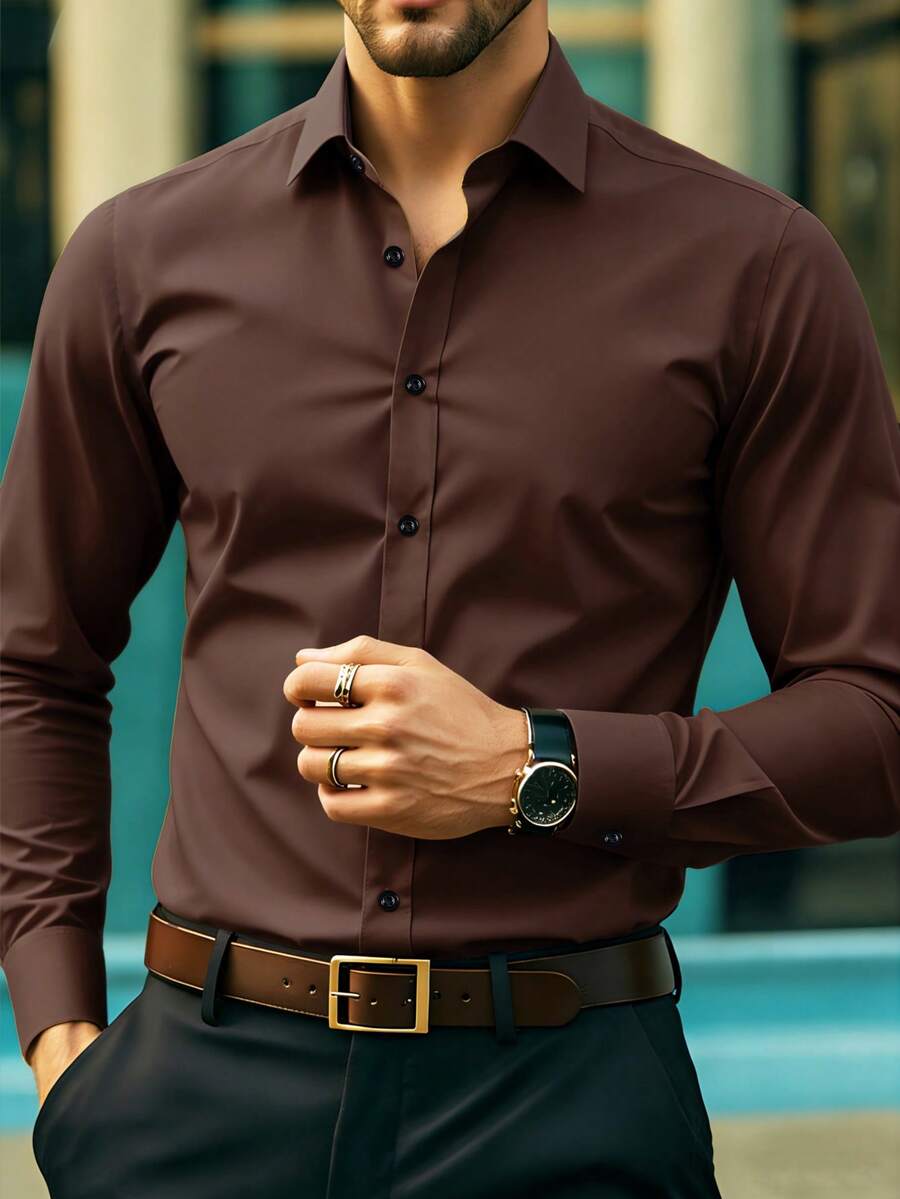 Camisa formal de manga larga de unicolor con diseño de botones para hombre
