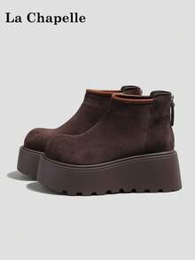 1 Pair La Chapelle Women's Casual Shoes, Soft Sole, Warm, Low-Top, Outdoor Flat Shoes, Commuting Shoes, Round Toe, Low Heel, Solid Color, Elegant, Soft Sole, Suitable For Students, Graduation Photos, Flat Shoes, Low-Top, Leather, Warm Shoes - Brown - View 2