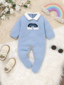 Sky Blue Newborn Sweater, Fashionable Rainbow Jacquard Collar Jumpsuit For Little Gentleman - Blue - View 3