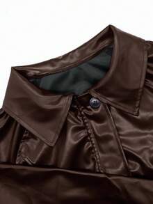 轻盈复古风短款拉链PU皮夹克，休闲短款飞行员夹克，适合娇小身材，春季款 - 棕色 - 查看 8