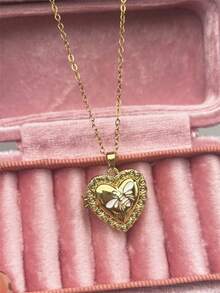 Retro Romantic Gold-Color Asymmetric Photo Box Necklace Colorful Oil-Dipped Heart Shell Necklace Daily Elegant Layered Jewelry For Women, Picture Locket Photo Necklace (No Box) - Multicolor - View 24