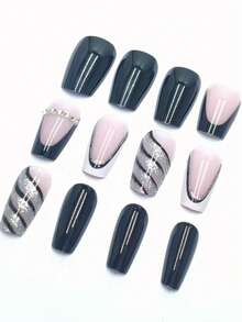 24 piezas Pegatinas de uñas completas de arte de uñas falsas en 3D con patrón de vaca con strass en blanco y negro, incluye pegamento de gelatina y una lima de uñas, suministros para uñas uñas falsas uña falsa uña acrílica - Blanco y Negro - Ver 3