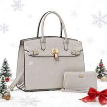 ZENG Classic Large Women's PU Leather Tote Handbag With Matching Zip Wallet, Elegant Structured Purse With Lock Top Handles & Detachable Shoulder Strap For Work, Office, Travel, And Everyday Use - Grey - View 1