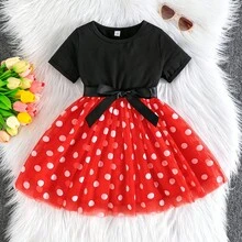 Girls' Black & Red Contrast Bow Tie Waist Short Sleeve Polka Dot Mesh Overlay Dress, Cute Daily Wear - Red - View 1