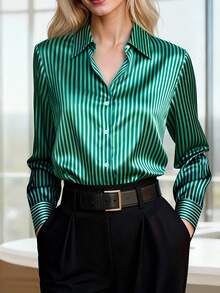 HOMEYEE Women's Fashionable Green Striped Button-Front Long Sleeve Office/Business Commute Shirt - Green - View 7