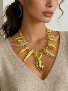 1件 时尚夸张重型合金水钻昆虫动物项链，时尚配饰 - 重工鑲鑽昆蟲金色 - 查看 1